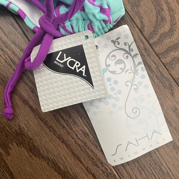 Saha Bikini Swim Set / Bandeau Halter, Ruched Hipster - Turquoise & Purple Print - Picture 12 of 15